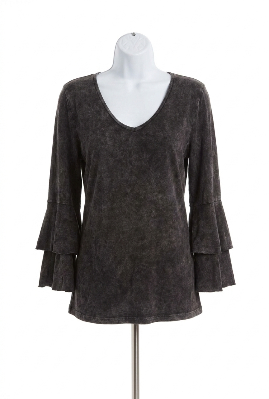 NEW ANGEL stone wash bell sleeve top in charcoal